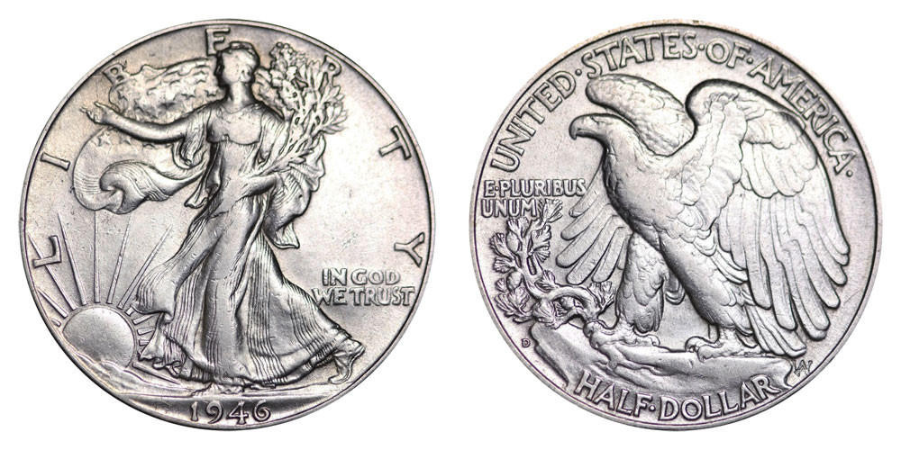 1946-D Walking Liberty Half Dollar reverse close-up showing D mint mark below olive branch in uncirculated condition