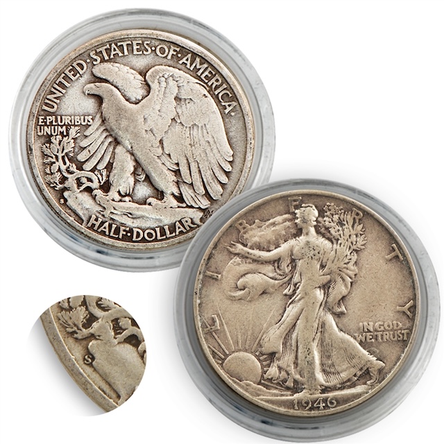 1946-S Walking Liberty Half Dollar repunched mint mark (RPM S/S) close-up showing secondary S impression on the reverse