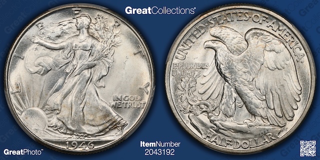 Group of 1946 Walking Liberty Half Dollars from all three mints (Philadelphia, Denver, San Francisco) showing three different mint marks