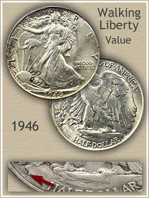 1946 Walking Liberty Half Dollar grading strip showing four condition tiers: Worn (Good), Circulated (VF), About Uncirculated (AU), and Gem Mint State (MS65)